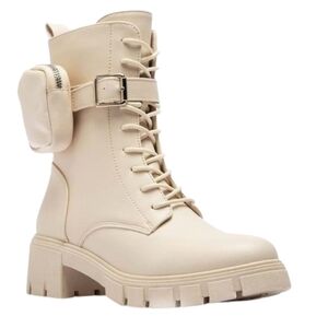QUPID Side Pouch Pocket Combat Boot Ankle Booties Textured Platform Lace-Up New